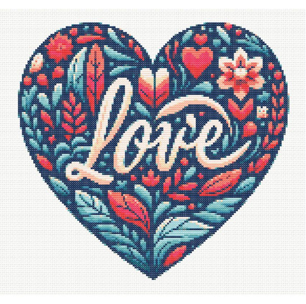 Love & Heart with flowers cross stitch pattern (PDF)