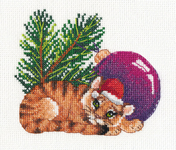 Little Tiger with a Christmas Ball Ornament - Cross Stitch kit