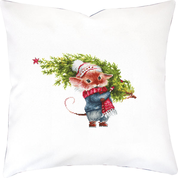 Cross Stitch Kit Pillowcase Christmas Mouse with Fir Tree